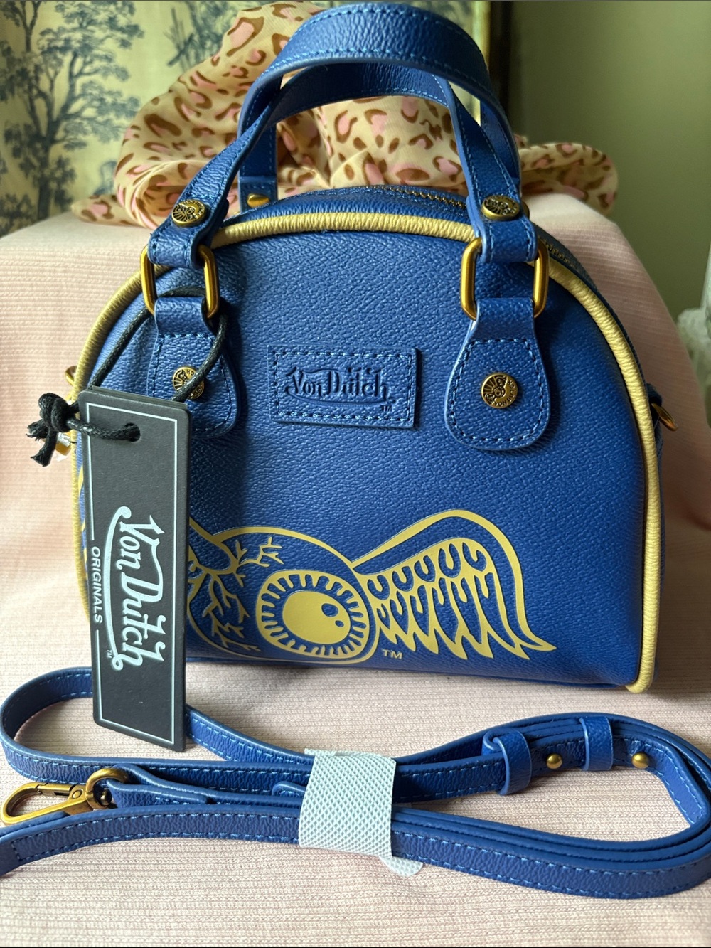 Von Dutch Royal Blue Mini Dome Satchel with Gold Trim
